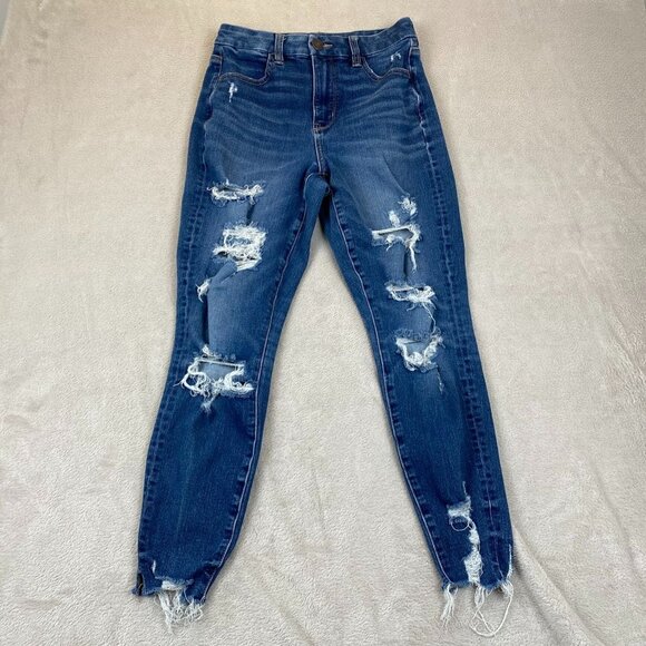 American Eagle Womens Jeans 4 Short Distressed High Rise Skinny Jeggings Blue - Picture 15 of 16